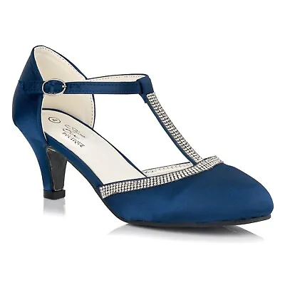 £26.99 • Buy Ladies Navy Blue Satin Diamante T-strap Low Kitten Heel Ankle Strap Shoes 3.-8