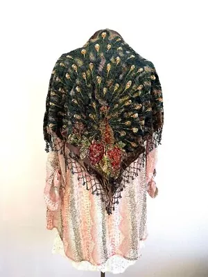 Green Velvet Shawl Peacock Design Beaded Sequin Beaded Fringe Wrap • $35