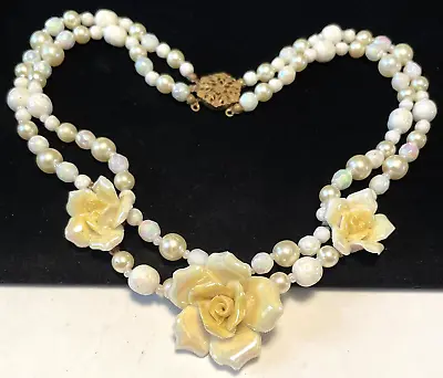 Miriam Haskell Signed Necklace Vintage Iridescent Glass Pearl Porcelain Flower • $250