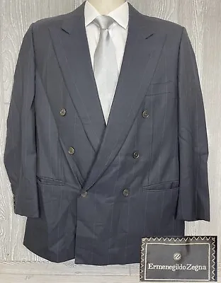 Ermenegildo Zegna Double Breasted Navy Pinstriped Wool Cashmere Blazer 40 FLAWS • $39.99