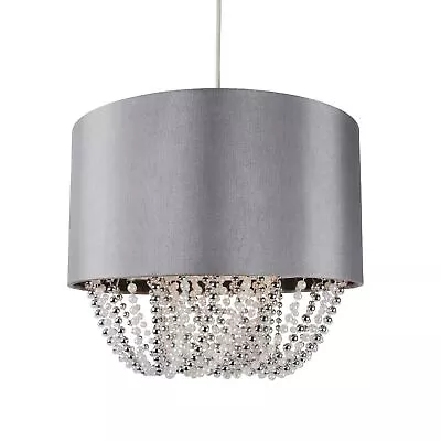 Modern Boudoir Pendant Ceiling Light Shade - Grey Fabric W/ Chrome & Pearl Beads • £16.99