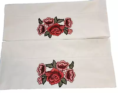 2 Homemade Pillowcases White W/red Embroidered Roses 19 X 30 Stan/queen  • $20