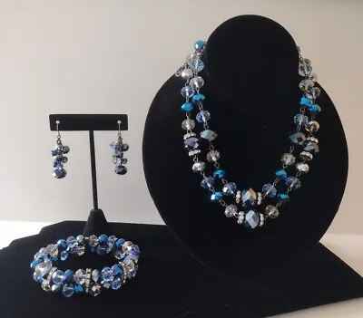 $39.95 • Buy Crown Trifari Blue Silver Glass Multi Facet Parure Necklace Bracelet Earring Set
