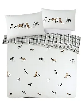 Dogs Duvet Cover Reversible Check Bedding Set Grey • £13.99