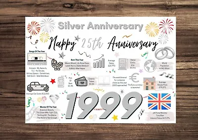 25th Wedding Anniversary Card SILVER Wedding  - Married In 1999 Year Of FACTS 25 • £3.99