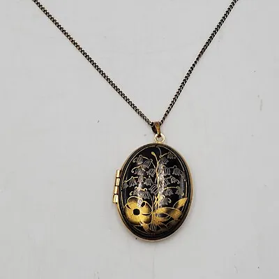 Michaela Frey Locket Pendant Necklace Oval Enameled Floral Photo Vintage • $65