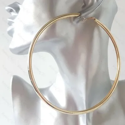 4.75 HUGE 12cm GOLD Tone BIG Plain CHUNKY Large Hoop Earrings MASSIVE HOOPS  • £3.99