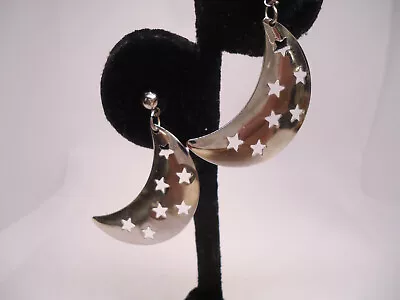 Vtg Silver Tone Cut Out Stars Moon Earrings • $1