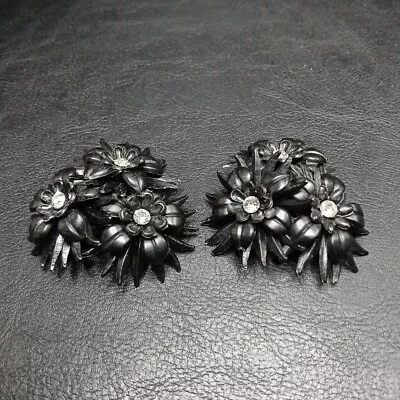 Vintage Clip On Earrings Black Lucite Flowers Clear Rhinestone. 11047 • $17.99