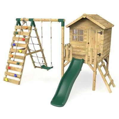 £944.95 • Buy Rebo Orchard 4FT Wooden Playhouse + Swings, Rock Wall, Deck & 6FT Slide – Solar 