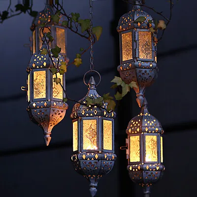 Vintage Hanging Candle Lanterns Glass Metal Moroccan Candle Holder Home Decor  • $30.95