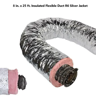 $84.99 • Buy Master Flow Insulated Flexible Duct R6 Fiberglass Silver Jacket 8 Inch X 25 Ft.