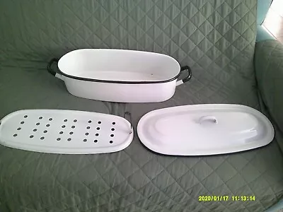 $58 • Buy Vintage Rare White Enamelware Fish Poacher Roaster Steamer Strainer Rack