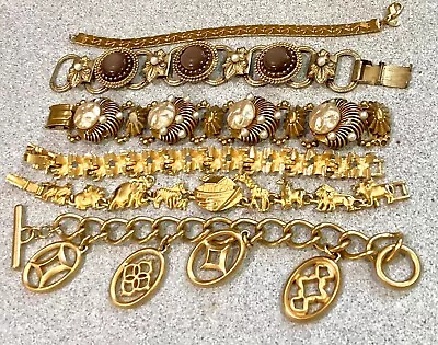 Vintage High End Gold Tone Pearl Cabochon Fleur De Lis Animal Charm Bracelet Lot • $60