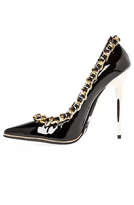 Jeffrey Campbell Chain Link Pointed Toe Pump Black Patent Leather Gold Heel Sz 8 • £75.04