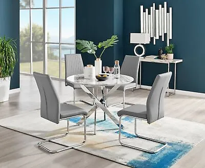 Novara White Marble Round Dining Table 100cm And 4 Lorenzo Chairs Furniture Set • £444.99