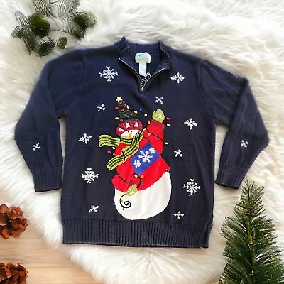 Quaker Factory Women's Sz M Christmas Snowman Sweater Knit Snowflakes Navy Blue • $18.99