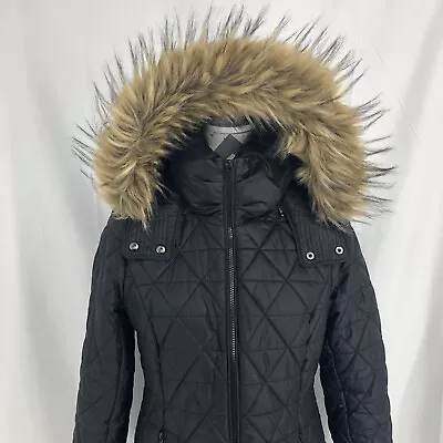 Marc New York Andrew Coat Jacket Black Removable Hood Faux Fur Trim Small • $23.42