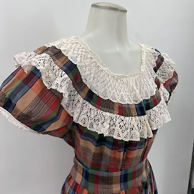 Vintage Peasant Skirt + Top Mexican Prairie Cottage Core Plaid Lace Festival  • $111.35