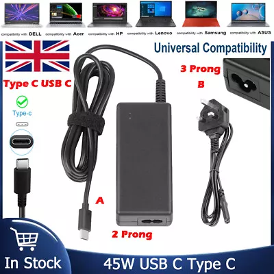 45W Type-C USB-C Laptop Adapter Charger For HP Samsung Lenovo Dell Acer Asus Mac • £12.14