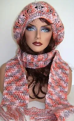 Womens Soft Salmon Multi Crochet Rasta Hat & Scarf Set Baggy Slouchy Baggie Tam  • $27.99