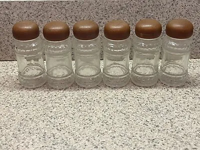Vintage Glass Spice Bottles Set Of 6 Apothecary Style W/ Faux Wood Lids Caps • $12