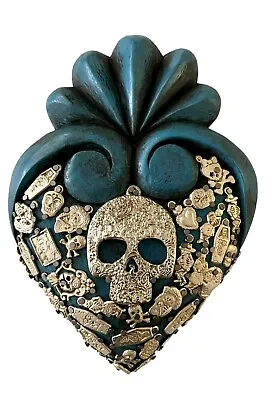 Day Of The Dead MILAGROS HEART Sugar Skull Heart Muertos Corazon Blue • $49.99