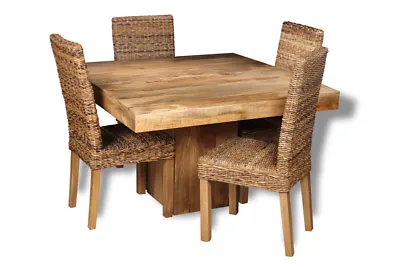 Solid Mango Wood Light 120cm Cube Dining Table & 4 Rattan Dining Chairs New • £764.95