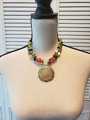 Statement Necklace Colorful Beads And Gold Tone Medallion • $10