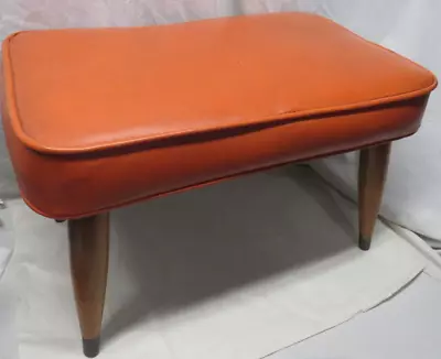 Vintage Mid Century Modern Orange Vinyl Footstool/Ottoman Wood Legs 21 X13 X13  • $199.95