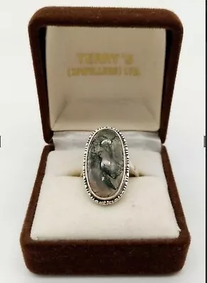 Unique Vintage Sterling Silver Moss Agate Cabochon Ring Size. M • $37.35