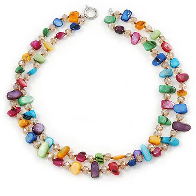 2 Row Multicoloured Shell Nugget And Glass Crystal Bead Necklace - 44cm Long • £16.99