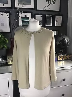 Marks And Spencer 12 Cardigan Beige Pearl Embelished Neck Super Soft Wedding • £13