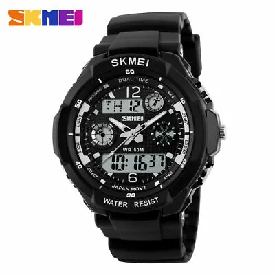 SKMEI Men's Waterproof Sport Army Alarm Date Analog Digital Black Wrist Watch UK • £12.89