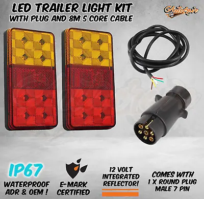 LED TRAILER TAIL LIGHT KIT PAIR ROUND PLUG 5 CORE WIRE CARAVAN BOAT Waterproof • $43.95