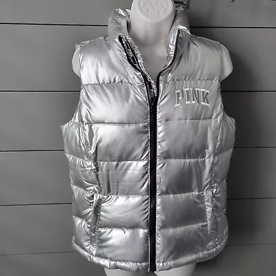 Victoria's Secret PINK Puffer Vest Metallic Silver Sleeveless Jacket Small EUC • $39.95