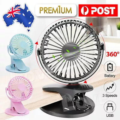 $14.85 • Buy Portable Travel Fan Rechargeable USB Clip On Mini Desk Fan With 3 Speeds AU