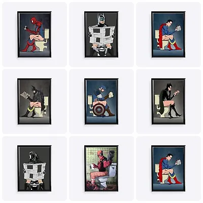 Superhero Marvel Characters Sitting On The Toilet Poster Prints Man Cave Office • £6