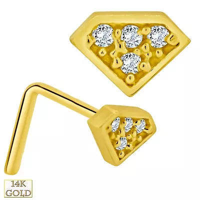 14k Solid Yellow Gold Diamond Design 4 Round Clear Zircon L-Shape Nose Ring • $39