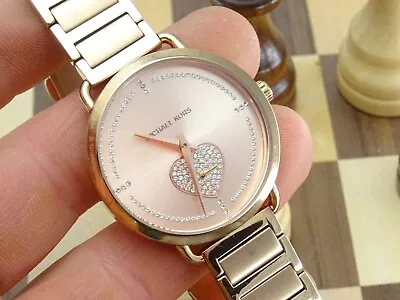 MICHAEL KORS 36mm Ladies Crystals Love Heart Rose Gold Bracelet Wristwatch • £4.99