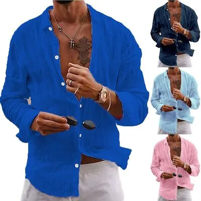 Men Casual Cotton Linen Shirt Long Sleeve Loose Blouse Button Down Shirts Tops • $14.78