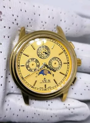  TRIPLE CALENDAR MOON PHASE SWISS MEN'S QUARTZ WATCH  EDEN   With A Defect • $99