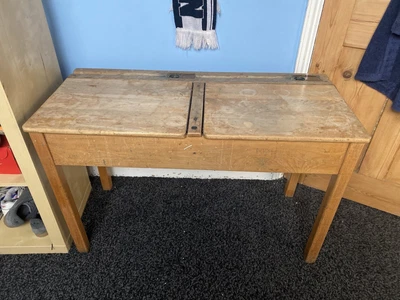 £30 • Buy Vintage Retro Oak Old School Double Twin Homework Hobby Desk W Lids And Inkwells