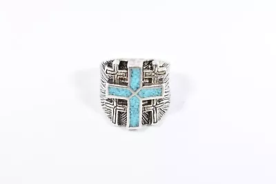 1980's Vintage Silver White Bronze Size 9.5 Men's Cross Inlay Ring • $44