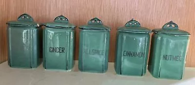 Vintage Art Deco Green Ceramic Spice Canister Jars Czechoslovakia Celebrate ELLI • $49