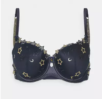 M&S Boutique X Damaris Gold Star & Moon Astrid Padded Wired Balcony Navy BRA 34A • £11.99