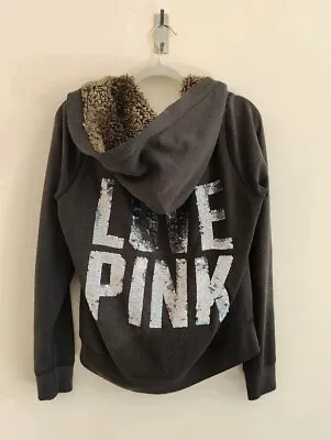 VINTAGE Victoria's Secret PINK Fur Lined Hoodie Love Pink Bling Zip -  LARGE • $95