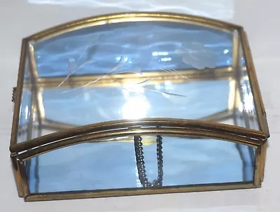 Via Vermont Etched Glass Trinket Dresser Box With Brass Frame & Mirrored Bottom • $18.14