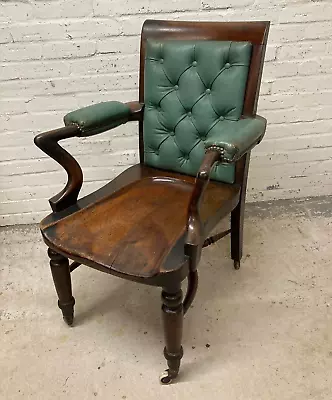 Antique Victorian Mahogany & Green Leather Armchair Library Chair (Can Deliver) • £450