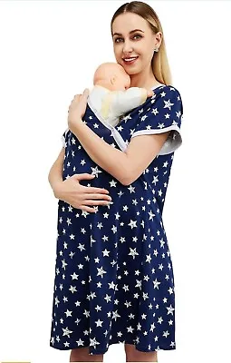 4 In 1 Nursing Hospital Gown Maternity Nightdress Bag Blue With Stars  • £13.77